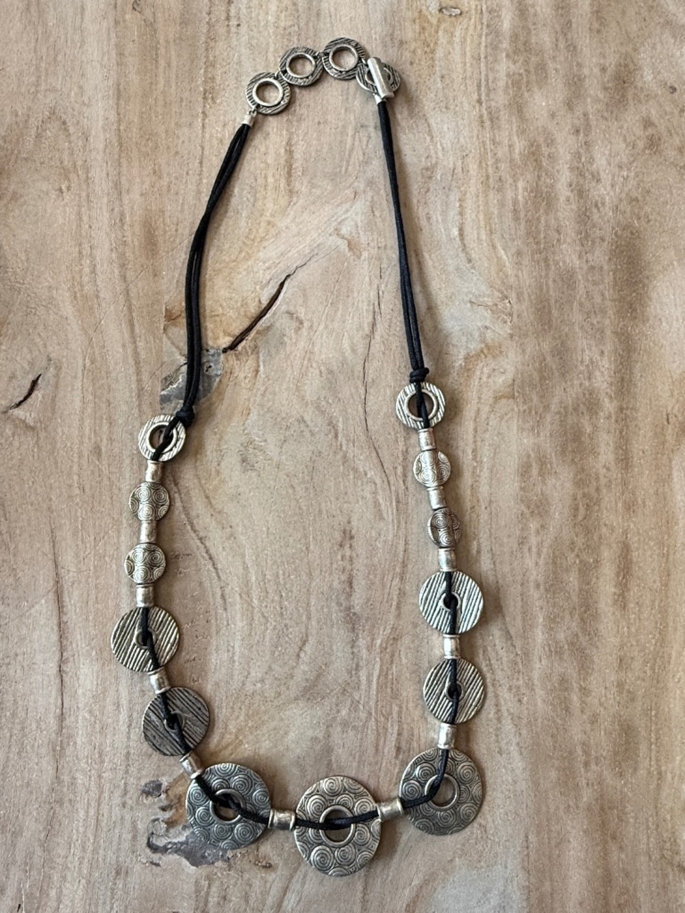 Premier Designs Remix Silver Tone Medallion Black Cord Statement Necklace Boho S